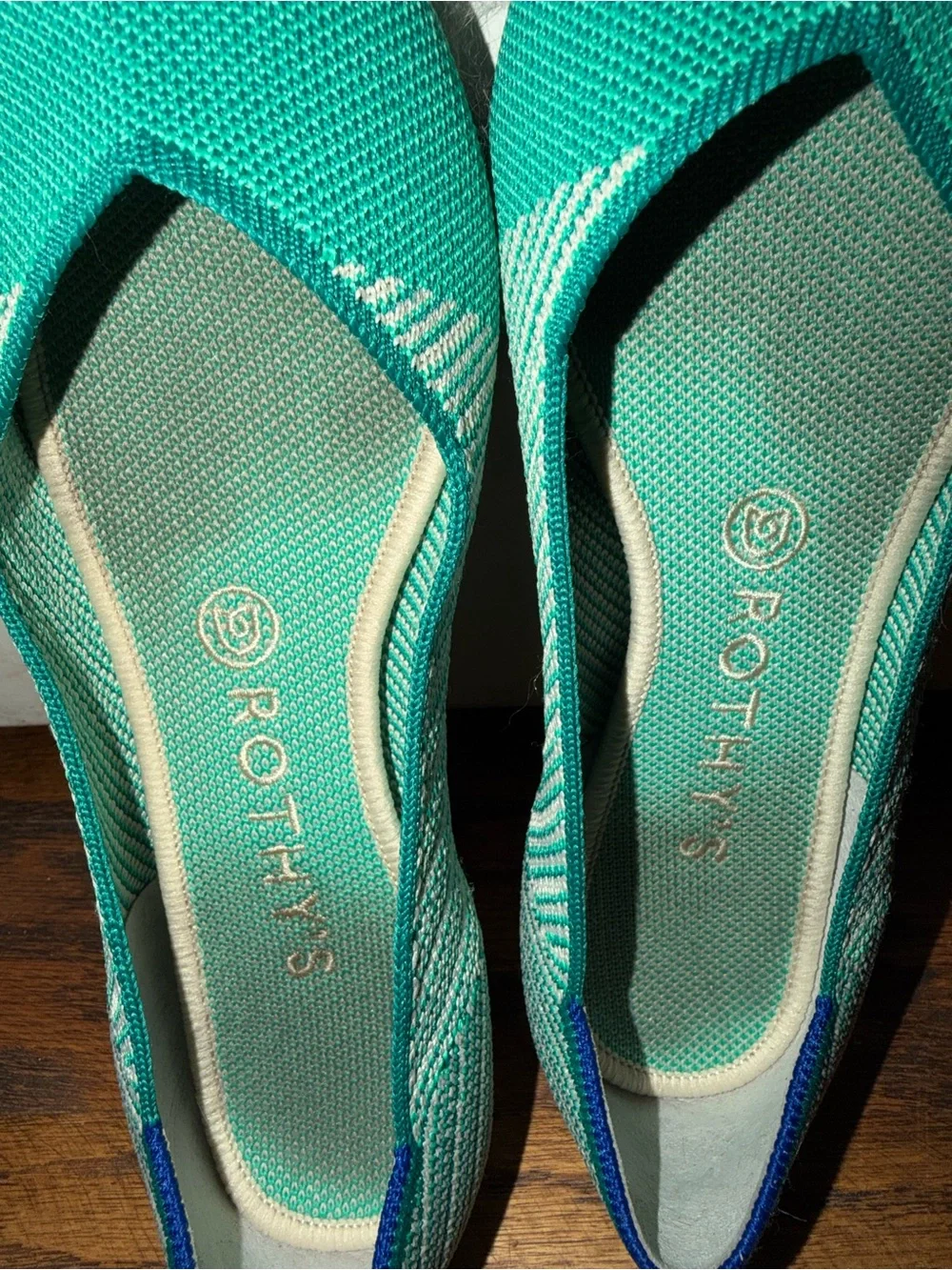 Rothy's Teal and Cream Pointed Knit Flats